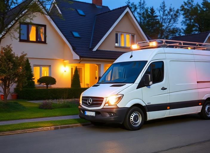 Servicewagen vor einem Wohnhaus bei Dämmerung
